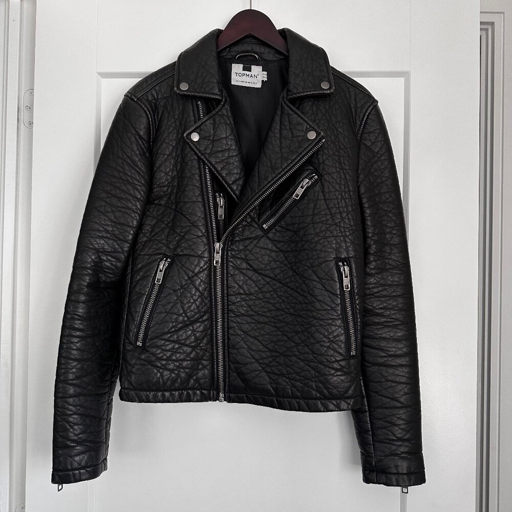 TOPMAN DISTRESSED FAUX LEATHER JACKET